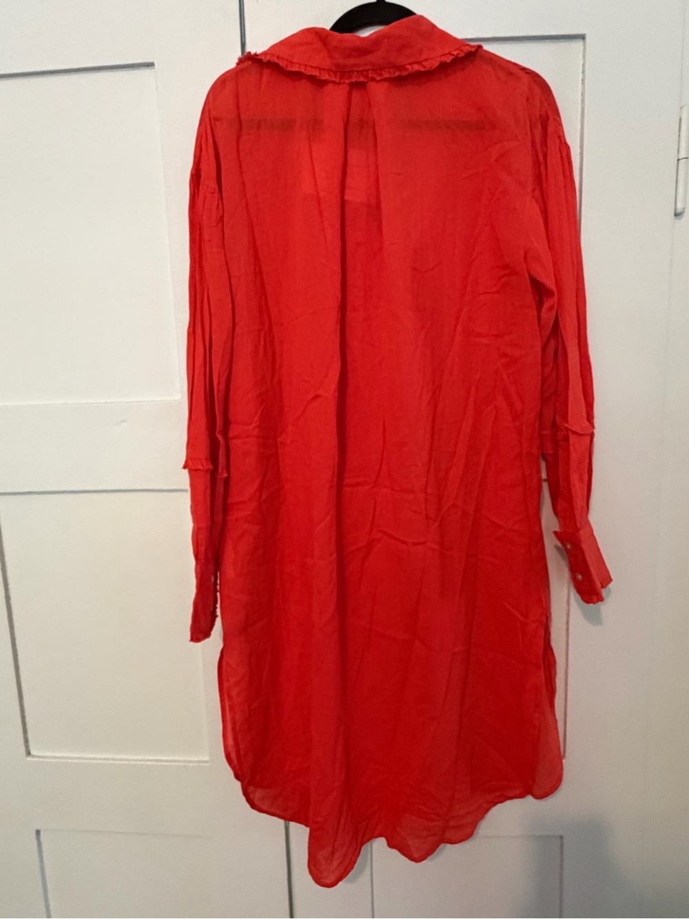 Red Ruffle Front Button-Down Tunic Dress - Picture 4 of 15